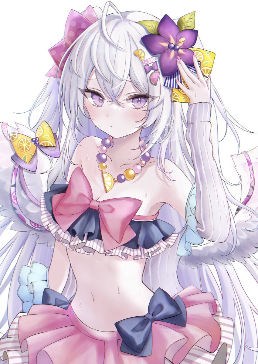 1girl ahoge azusa_(blue_archive) azusa_(swimsuit)_(blue_archive) bare_shoulders bead_necklace beads blue_archive blush bow breasts cleavage collarbone commentary_request detached_sleeves double-parted_bangs flower hair_flower hair_ornament highres jewelry klee-on long_eyelashes navel necklace pink_nails purple_eyes sleeves_past_wrists solo white_background white_hair