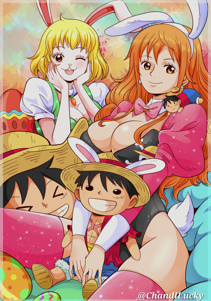 &gt;_&lt; 2girls absurdres alternate_costume animal_ears arms_around_neck black_hair black_leotard blonde_hair blue_shorts bow bowtie breast_rest breasts breasts_on_head carrot carrot_(one_piece) carrot_necklace chandllucky character_doll cleavage cross_scar detached_collar earrings easter easter_egg egg feet_out_of_frame fur-trimmed_shorts fur_trim green_vest grin hands_on_own_cheeks hands_on_own_face hat highleg highleg_leotard highres jewelry jolly_roger juliet_sleeves large_breasts leotard long_hair long_sleeves looking_at_viewer monkey_d._luffy multiple_girls nami_(one_piece) necklace on_shoulder one_eye_closed one_piece open_clothes open_mouth open_shirt orange_eyes orange_hair pearl_earrings pink_bow pink_bowtie pink_shirt pink_thighhighs puffy_long_sleeves puffy_short_sleeves puffy_sleeves rabbit_ears rabbit_girl rabbit_tail red_eyes red_shirt sandals scar scar_on_chest shirt short_hair short_sleeves shorts sitting smile straw_hat straw_hats_jolly_roger tail thighhighs twitter_username vest wavy_hair white_shirt