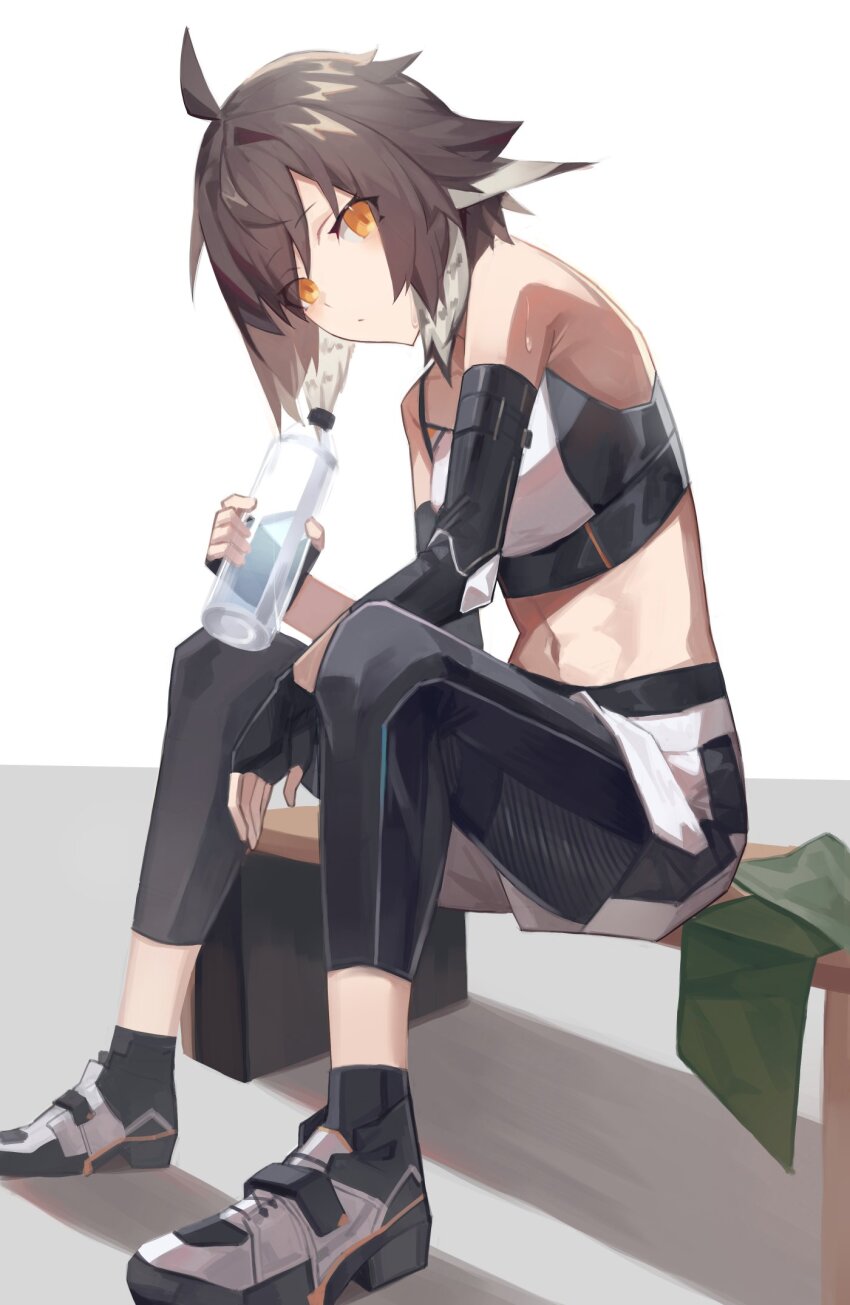 1girl ahoge arknights bare_shoulders bench bird_girl black_gloves black_leggings bottle breasts brown_hair commentary_request compression_sleeve crop_top feather_hair fingerless_gloves gloves hair_between_eyes highres holding holding_bottle leggings leggings_under_shorts looking_at_viewer midriff multicolored_hair navel official_alternate_costume plume_(arknights) plume_(easy_time)_(arknights) sasa_onigiri short_hair sitting small_breasts solo sports_bra sweat white_hair white_sports_bra yellow_eyes