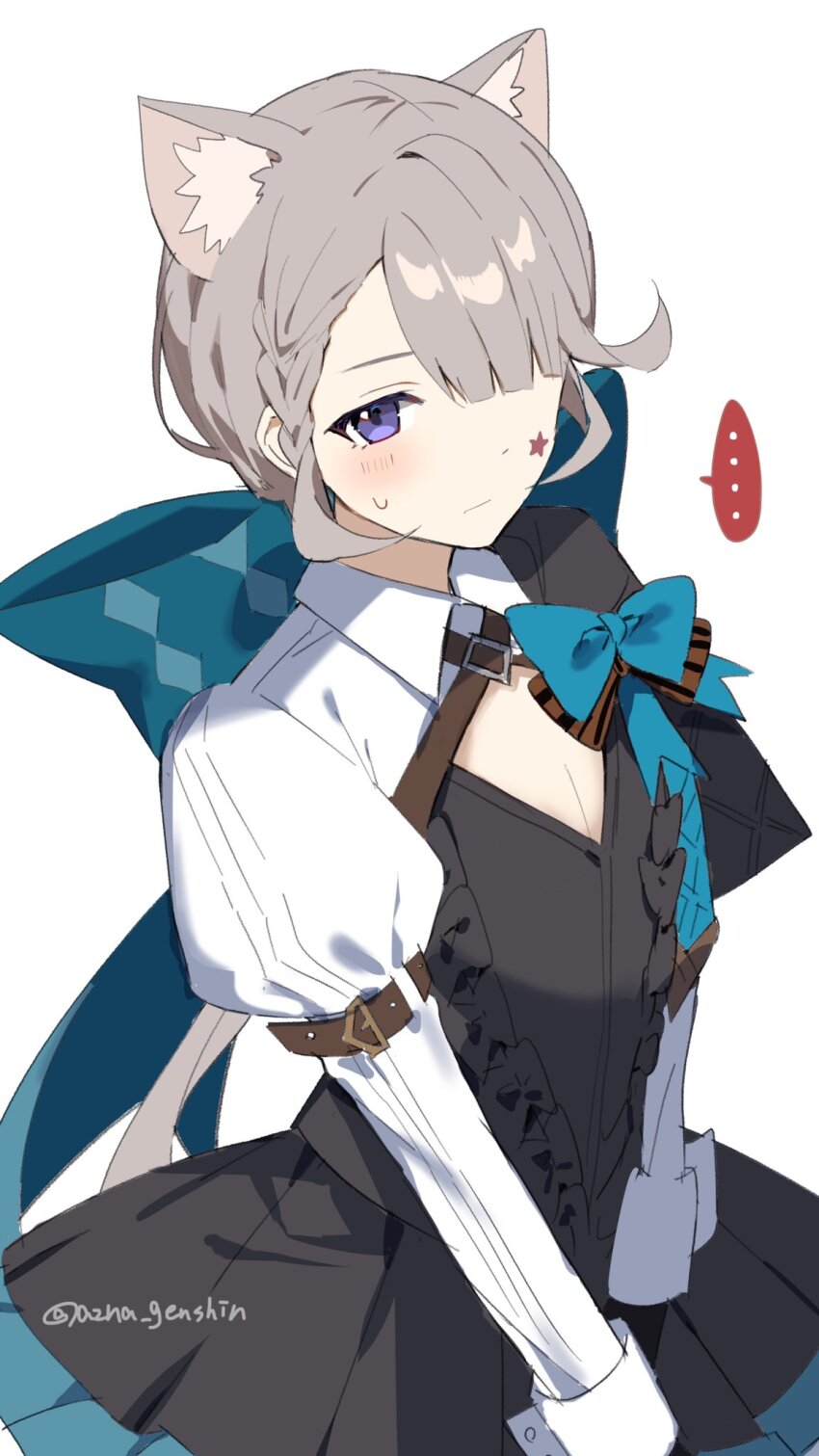 ... 1girl animal_ears azna black_leotard blonde_hair blue_bow blush bow cat_ears cat_girl cat_tail facial_mark frilled_leotard frills genshin_impact hair_over_one_eye highres huge_bow juliet_sleeves leotard long_sleeves lynette_(genshin_impact) puffy_sleeves purple_eyes solo star_(symbol) star_facial_mark sweat tail