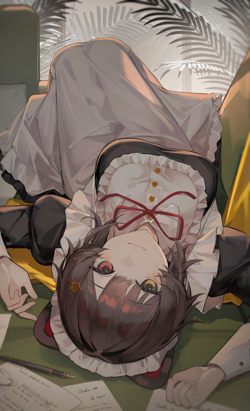 1girl :3 absurdres animal_ears apron bib_collar black_dress breasts brown_hair cine_(wazd0183) closed_mouth commentary_request couch dog_ears dog_girl dress frilled_dress frilled_shirt_collar frills heterochromia highres indoors inui_toko inui_toko_(7th_costume) juliet_sleeves knees_up large_breasts long_sleeves looking_at_viewer lying maid maid_headdress neck_ribbon nib_pen_(object) nijisanji on_back on_couch pen puffy_sleeves red_eyes ribbon short_hair sleeve_cuffs solo swept_bangs upside-down virtual_youtuber white_apron white_headdress yellow_eyes