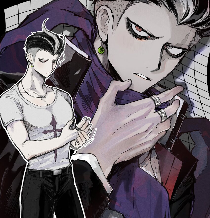 1boy arm_up bags_under_eyes belt belt_buckle black_belt black_coat black_hair black_pants buckle coat collared_coat commentary_request danganronpa_(series) danganronpa_2:_goodbye_despair ear_piercing earrings grey_eyes grid_background hair_slicked_back heterochromia highres jewelry jitome joonoyuki long_sleeves looking_down looking_to_the_side male_focus multicolored_hair multiple_rings multiple_views necklace pants parted_lips piercing pink_eyes popped_collar print_shirt purple_scarf ring scar scar_across_eye scar_on_face scarf scoop_neck shirt streaked_hair tanaka_gundham white_hair
