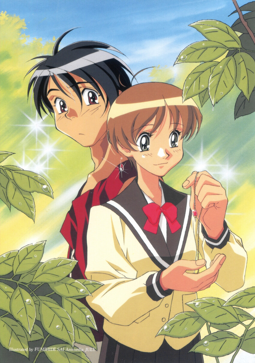 1990s_(style) 1boy 1girl absurdres antenna_hair artist_name black_hair black_sailor_collar black_skirt blazer blue_sky blurry blurry_background blush bow bowtie branch breasts brown_eyes brown_hair closed_mouth cloud collarbone day depth_of_field english_text eyelashes foliage frown gem green_eyes height_difference highres holding holding_jewelry holding_necklace jacket jewelry kanzaki_hitomi light_frown light_smile long_sleeves looking_at_another looking_at_object looking_back muscular muscular_male necklace non-web_source official_art outdoors pendant plant pleated_skirt promotional_art red_bow red_bowtie red_gemstone red_shirt retro_artstyle romaji_text sai_fumihide sailor_collar scan school_uniform shirt short_hair skirt sky sleeveless sleeveless_shirt small_breasts smile sparkle tenkuu_no_escaflowne tree van_fanel very_short_hair water_drop white_shirt yellow_jacket