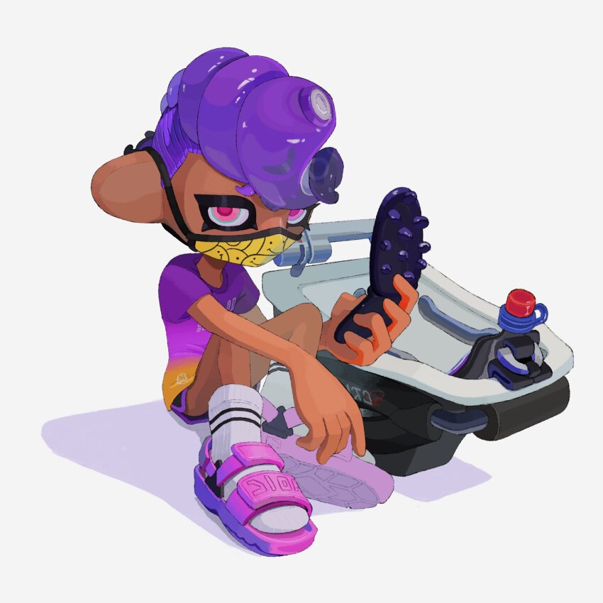 1girl black_shorts bloblobber_(splatoon) cellphone commentary dark-skinned_female dark_skin dolphin_shorts flip_phone full_body furrowed_brow highres holding holding_phone hyper_chikuwabu mask mouth_mask nintendo octoling octoling_girl octoling_player_character phone pink_eyes pink_sandals pompadour purple_hair sandals shirt short_hair short_sleeves shorts simple_background sitting socks solo splatoon_(series) symbol-only_commentary t-shirt tentacle_hair white_background white_socks