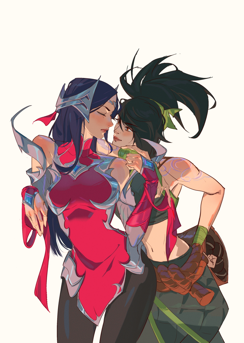 absurdres akali bandaged_wrist bandages bare_shoulders black_hair blue_hair bow breasts circlet closed_eyes green_bow green_skirt highres irelia league_of_legends leaning_on_person looking_at_another navel qi_mang_(qimang) red_eyes red_ribbon ribbon rope_belt skirt tattoo