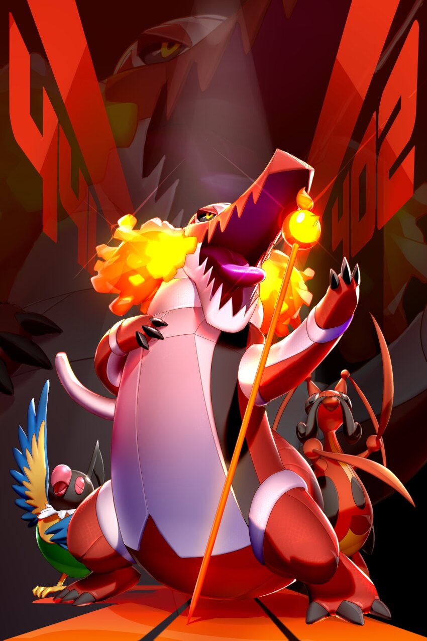 absurdres arm_up bird bluegeyko chatot claws closed_eyes commentary english_commentary facial_hair fire full_body gen_4_pokemon gen_9_pokemon hand_on_own_chest highres kricketune microphone microphone_stand music mustache nintendo no_humans open_mouth parrot pokemon pokemon_(creature) sharp_teeth singing skeledirge teeth tongue tongue_out wings