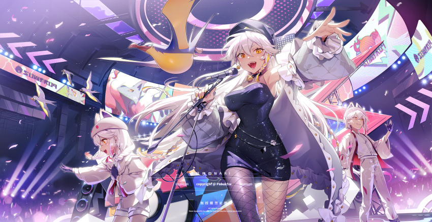 1boy 2girls animal_hat artist_name bell black_choker black_pantyhose blonde_hair blue_dress blue_gloves blue_hat braid braided_sidelocks breasts character_request choker coat concert confetti dress earrings fishnet_pantyhose fishnets gloves glowstick gradient_hair hair_between_eyes hat highres hisuian_zoroark holding holding_microphone_stand jacket jewelry jingle_bell long_hair looking_at_viewer microphone_stand multicolored_hair multiple_girls neck_bell newsboy_cap nintendo open_clothes open_coat open_mouth original pabuk5w pants pantyhose partially_fingerless_gloves pokemon pokemon_(creature) red_hair short_hair shorts smile speaker twin_braids two-tone_hair very_long_hair watermark white_coat white_hair white_hat white_jacket white_pants white_shorts yellow_eyes yellow_nails