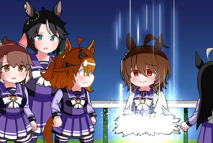 5girls :&gt; absurdres agnes_tachyon_(umamusume) ahoge animal_ears aramori_susumu black_hair blue_eyes blunt_ends bow bowtie brown_eyes brown_hair commentary dantsu_flame_(umamusume) ear_covers earrings fuji_kiseki_(umamusume) hair_between_eyes highres horse_ears horse_girl horse_tail horseshoe_ornament jewelry jungle_pocket_(umamusume) lab_coat long_hair long_sleeves looking_at_another manhattan_cafe_(umamusume) meitantei_conan multicolored_hair multiple_girls parody pleated_skirt purple_shirt purple_skirt purple_thighhighs red_eyes sailor_collar sailor_shirt school_uniform shirt short_hair single_earring skirt spoilers tail thighhighs tracen_school_uniform two-tone_hair umamusume umamusume:_beginning_of_a_new_era white_bow white_bowtie white_hair yellow_eyes