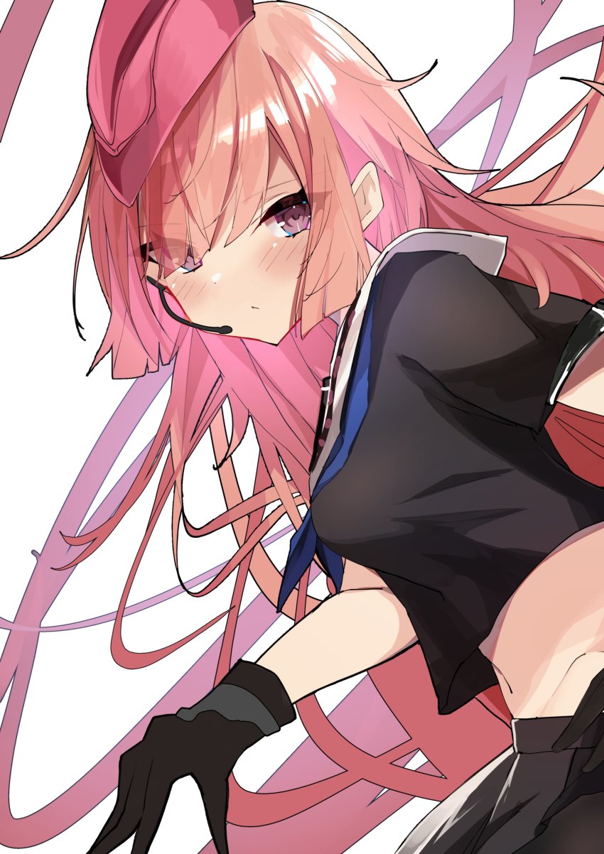 1girl :&lt; absurdres ascot black_gloves black_shirt black_skirt crop_top eyes_visible_through_hair girls&#039;_frontline gloves hair_between_eyes highres kamiya_mitobe long_hair looking_at_viewer messy_hair microphone midriff navel ntw-20_(girls&#039;_frontline) pink_hair purple_eyes shirt simple_background skirt solo white_background