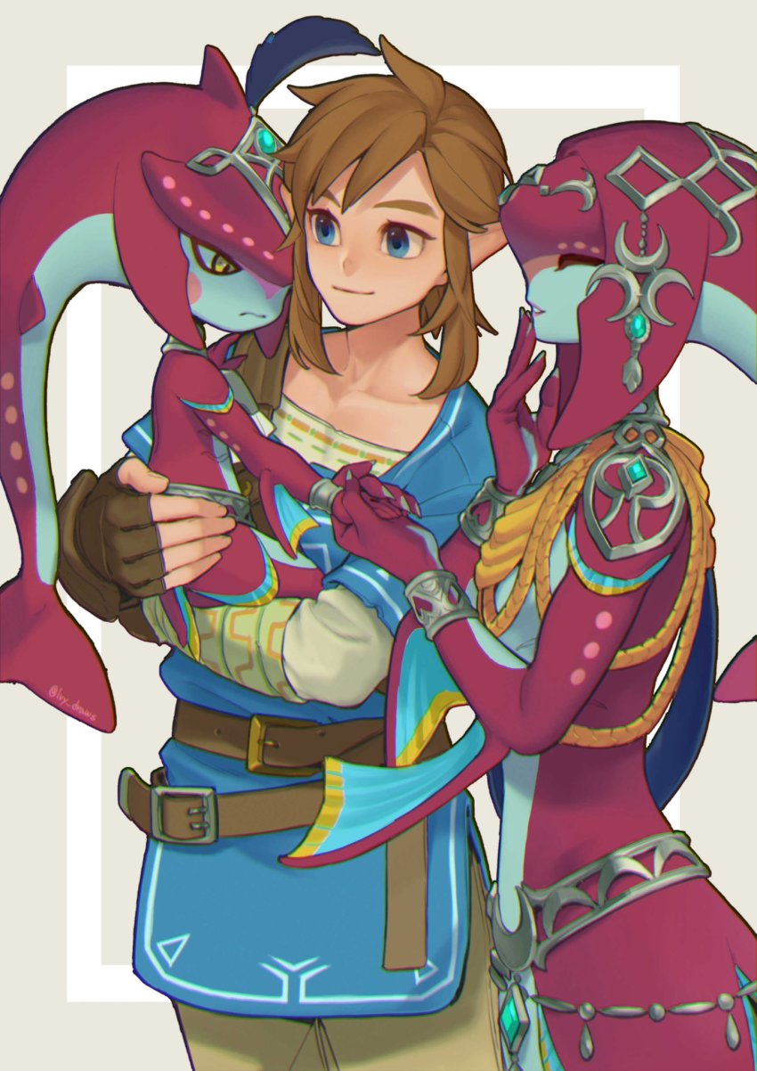 1girl 2boys aged_down blonde_hair blue_shirt blush_stickers breasts brother_and_sister brown_pants carrying carrying_person child collarbone colored_skin fins fish_boy fish_girl hair_ornament hand_up highres holding holding_hands ivy_(sena0119) jewelry layered_sleeves link long_hair long_sleeves medium_breasts mipha monster_boy monster_girl multicolored_skin multiple_boys nintendo no_eyebrows pants pointy_ears red_hair red_skin shirt short_over_long_sleeves short_sleeves siblings sidon smile teeth the_legend_of_zelda the_legend_of_zelda:_breath_of_the_wild yellow_eyes zora