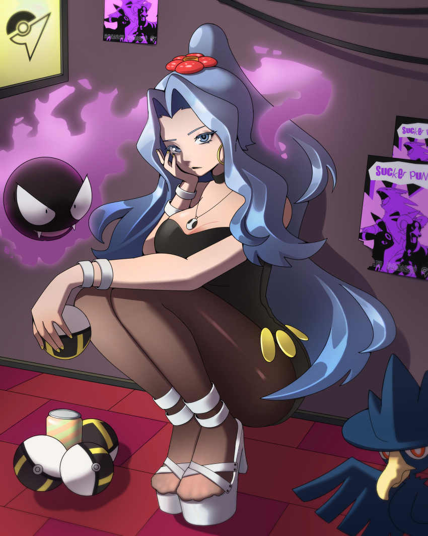 1girl absurdres black_choker blue_eyes blue_hair boots breasts choker cleavage earrings fangs gastly gen_1_pokemon gen_2_pokemon high_heel_boots high_heels highres holding holding_poke_ball hoop_earrings houndoom jewelry kaerujj karen_(pokemon) leotard long_hair looking_at_viewer murkrow nintendo poke_ball pokemon pokemon_(creature) pokemon_hgss poster_(object) shoes tyranitar ultra_ball umbreon very_long_hair white_shoes