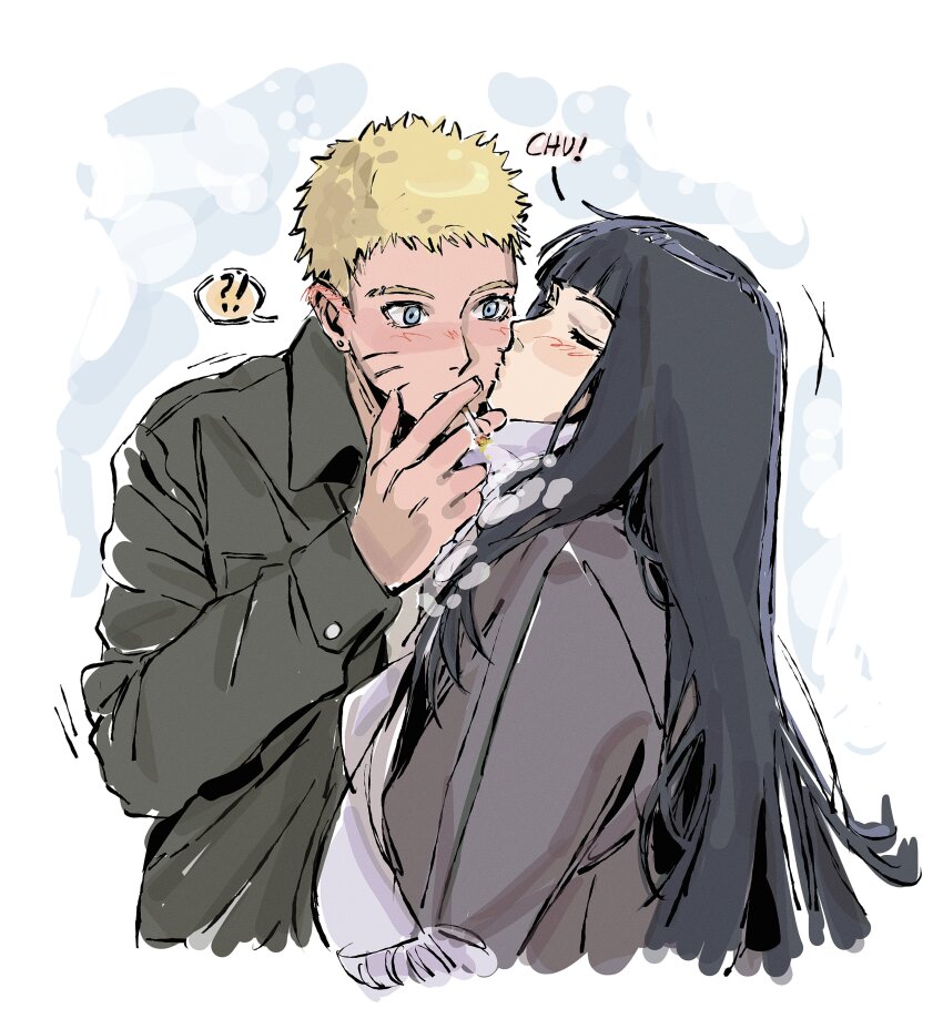 !? 1boy 1girl absurdres alternate_universe beerenfuchs black_hair blonde_hair blue_eyes blush cigarette commentary english_commentary facial_mark hetero highres holding holding_cigarette hyuuga_hinata jacket kiss long_hair long_sleeves naruto:_the_last naruto_(series) upper_body uzumaki_naruto whisker_markings