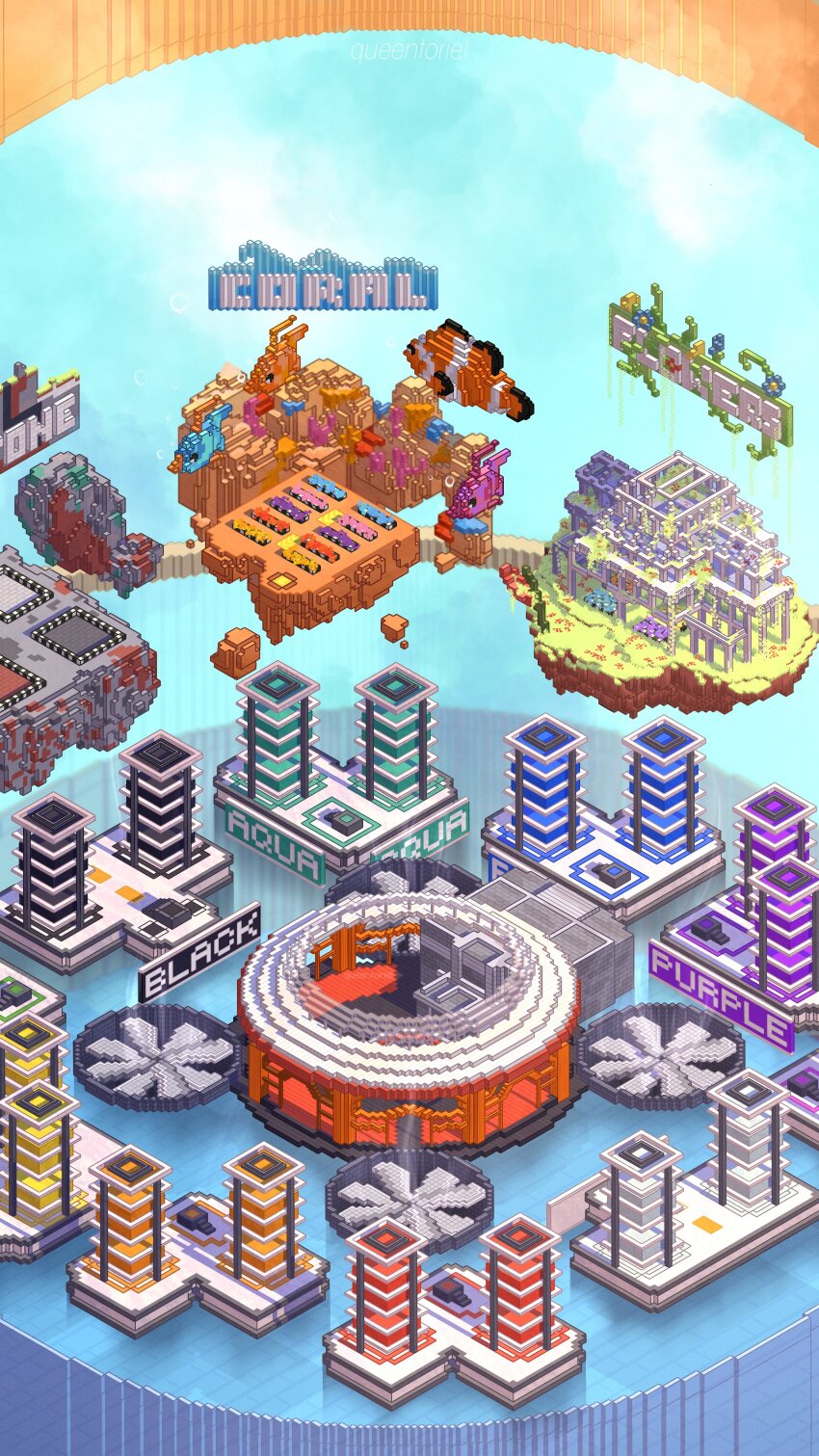 absurdres architecture big_sales_at_build_mart building clownfish commentary english_commentary english_text esports fish highres in-universe_location isometric kt_(swiftlyswan) mc_championship minecraft minecraft_youtube no_humans official_style scenery sign