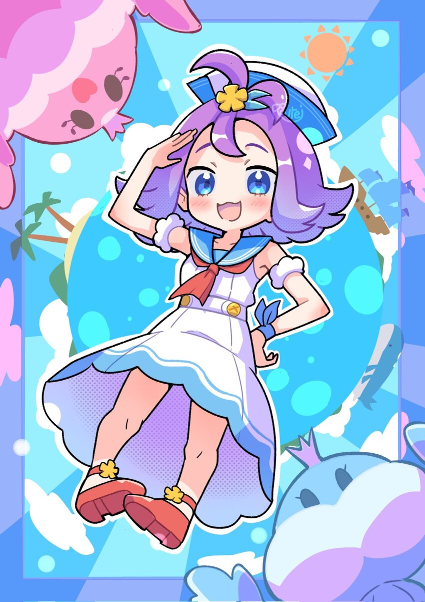 1girl acerola_(pokemon) acerola_(summer_2024)_(pokemon) blue_eyes blue_sailor_collar dress gen_3_pokemon gen_5_pokemon hat highres jellicent jellicent_(female) jellicent_(male) nintendo official_alternate_costume palm_tree pokemon pokemon_(creature) pokemon_masters_ex purple_hair red_footwear rgurei0529 sailor_collar sailor_hat salute tree wailord white_dress