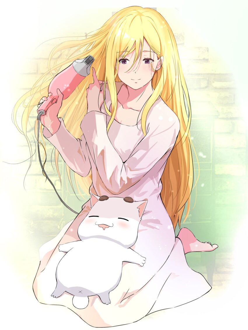 1girl alicia_florence andanden aria_(manga) aria_pokoteng barefoot blonde_hair blush breasts cat cleavage closed_mouth collarbone dress drying drying_hair feet full_body hair_between_eyes hair_dryer hands_up highres holding long_dress long_hair pink_dress purple_eyes seiza sidelocks sitting smile toes very_long_hair white_cat
