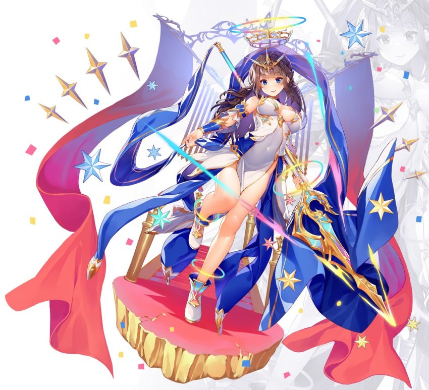 1girl arch bare_shoulders blue_eyes boots bracelet breasts brown_hair carpet crown curtains dress flag gold hall halo handkerchief holding holding_weapon breasts jewelry kibanda_gohan large_breasts looking_at_viewer one_leg_raised original platform polearm rock shoulder_pads silk smile spear stairs star_(symbol) weapon white_dress