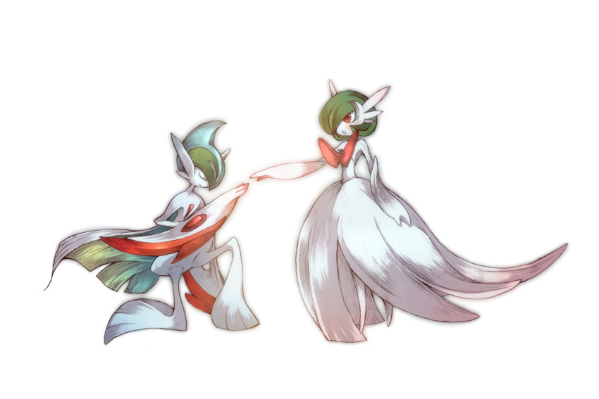 arm_blade bob_cut cape closed_eyes dress elbow_gloves gallade gardevoir gen_3_pokemon gen_4_pokemon gloves green_hair hair_over_one_eye kneeling mega_gallade mega_gardevoir mega_pokemon nintendo pink_eyes pokemon pokemon_(creature) shie-k strapless strapless_dress weapon white_cape white_dress white_gloves