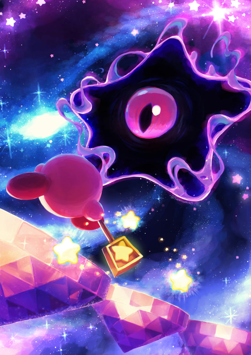 absurdres aura battle commentary crystal dark_nebula galaxy highres holding kirby kirby_(series) kirby:_squeak_squad looking_at_viewer monster nintendo no_humans platform purple_eyes running sky slit_pupils space star_(sky) star_(symbol) starry_sky suyasuyabi triple_star twitter_username
