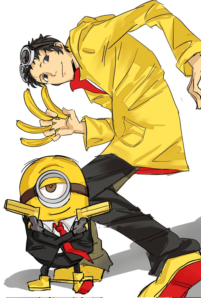 1boy 1other adachi_tooru banana birdlost black_gloves black_hair black_pants boots brown_eyes colored_skin crossover despicable_me dual_wielding food formal_clothes fruit gloves goggles goggles_on_head gun handgun highres holding holding_gun holding_weapon looking_at_viewer minion_(despicable_me) one-eyed pants persona persona_4 raincoat shirt short_hair simple_background smile suit weapon white_background yellow_boots yellow_raincoat yellow_skin