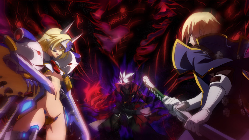 1girl 2boys blazblue blazblue:_chronophantasma blonde_hair kisaragi_jin mecha_musume mu-12 multiple_boys navel official_art ragna_the_bloodedge tagme
