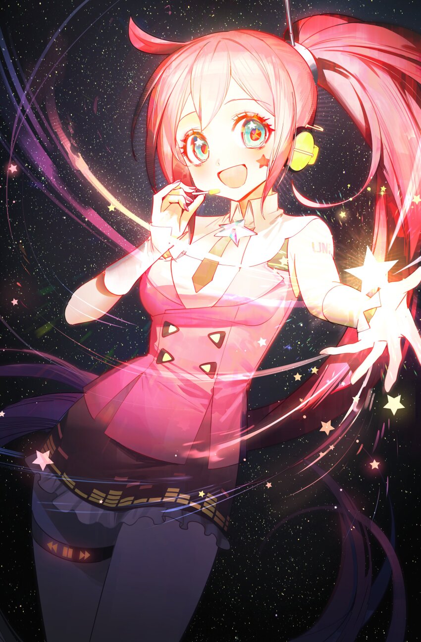 1girl absurdres ahoge aqua_eyes black_background black_necktie black_skirt brooch collared_shirt cowboy_shot facial_mark hand_on_headset headset highres jewelry long_hair looking_at_viewer miniskirt necktie paldu pink_hair pink_vest pleated_skirt shirt side_ponytail skirt sleeveless sleeveless_shirt solo star_(sky) star_(symbol) star_brooch star_facial_mark star_in_eye starry_sky_background symbol_in_eye uni_(vocaloid) very_long_hair vest vocaloid white_shirt wrist_cuffs