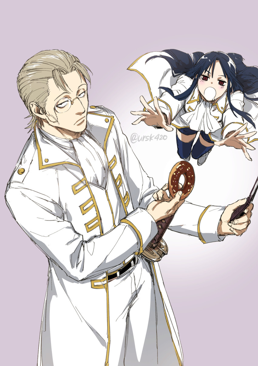 1boy 1girl black_hair blue_shorts blue_thighhighs brown_eyes brown_hair cellphone donut drooling flip_phone food gintama gradient_background highres holding holding_food holding_phone imai_nobume jacket katana long_hair long_sleeves monocle open_clothes open_jacket open_mouth outstretched_arms pants phone purple_background saliva sasaki_isaburou shirt short_shorts shorts sword thighhighs twitter_username uraki_(tetsu420) very_long_hair weapon white_background white_jacket white_pants white_shirt