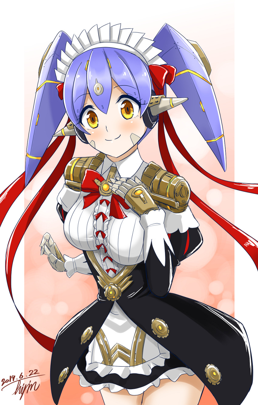 1girl android black_dress blue_hair bow breasts closed_mouth dated dress frills highres hisin long_hair long_sleeves looking_at_viewer maid maid_headdress medium_breasts poppi_(xenoblade) poppi_qt_(xenoblade) red_bow signature smile solo tareme xenoblade_chronicles_(series) xenoblade_chronicles_2 yellow_eyes