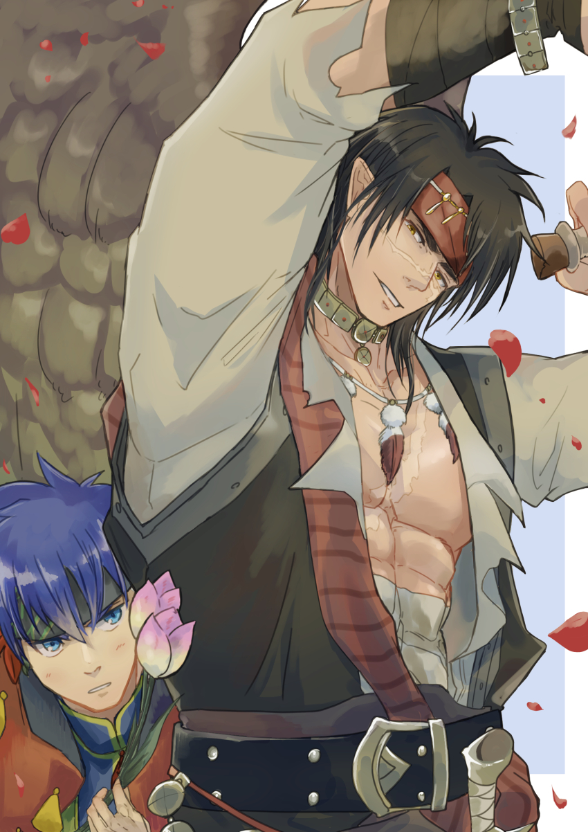2boys abs bare_pectorals black_hair blue_eyes blue_hair commentary_request fire_emblem fire_emblem:_path_of_radiance fire_emblem:_radiant_dawn fire_emblem_heroes flower headband highres holding holding_flower ike_(fire_emblem) ike_(valentine)_(fire_emblem) kamabokozin male_focus multiple_boys muscular muscular_male nintendo official_alternate_costume parted_lips pectorals petals pointy_ears scar scar_on_chest scar_on_face tibarn_(fire_emblem) tibarn_(pirate)_(fire_emblem) yellow_eyes