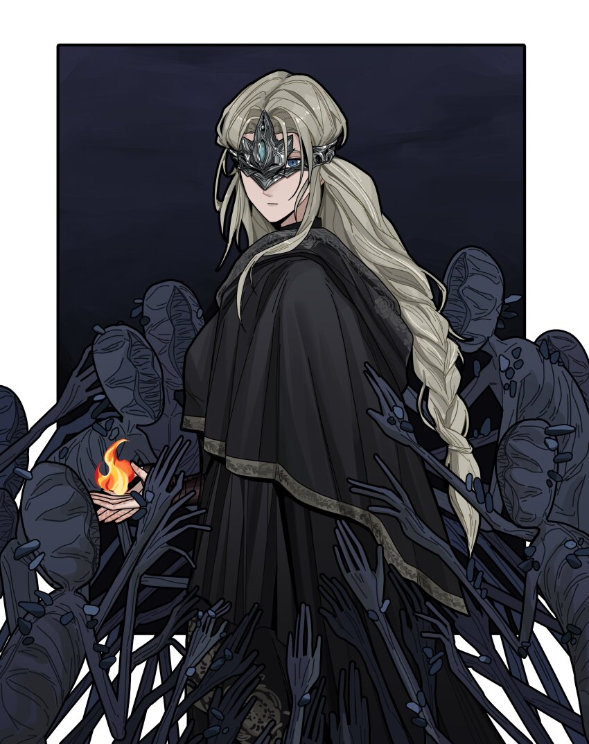1girl 88rfnzknbhuc5sy absurdres black_cape black_dress blonde_hair blue_eyes braid cape closed_mouth commentary_request dark_souls_(series) dark_souls_iii dress expressionless fire fire_keeper highres hood hood_down hooded_cape long_hair looking_at_viewer