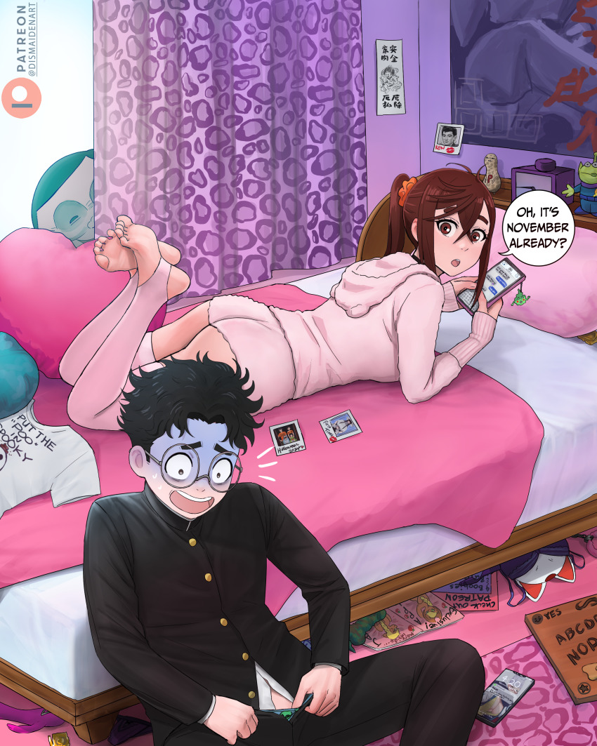 1boy 1girl absurdres acrobatic_silky_(dandadan) alien alien_(toy_story) andrew_graves applejack artist_name ashley_graves ass ayase_momo ayase_seiko bedroom black_choker black_hair brown_eyes brown_hair character_charm charm_(object) choker condom dandadan dismaiden earrings ekubo_(mob_psycho_100) feet fuzzy_handcuffs gakuran glasses hair_ornament hair_scrunchie highres jacket jewelry lying mob_psycho_100 my_little_pony my_little_pony:_friendship_is_magic no_nut_november official_alternate_costume official_alternate_hairstyle on_stomach ouija patreon_logo patreon_username peanut photo_(object) ponytail round_eyewear school_uniform scrunchie serpo_(dandadan) short_hair short_ponytail stirrup_footwear takakura_ken_(dandadan) takakura_ken_(person) the_coffin_of_andy_and_leyley toy_story turbo_granny_(dandadan) underbutt