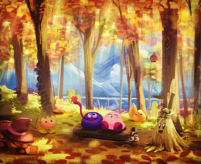 broom broom_hatter character_request day closed_eyes flower forest gooey_(kirby) grass hat highres kirby kirby_(series) leaf mountain nature nintendo no_humans open_mouth outdoors river sitting suyasuyabi tongue tongue_out tree witch_hat