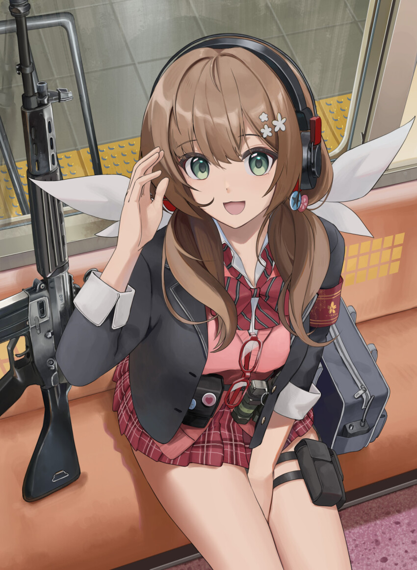 1girl assault_rifle bag blazer breasts brown_hair girls&#039;_frontline green_eyes gun hair_ornament headphones headset highres howa_type_89 howa_type_89_(girls&#039;_frontline) jacket medium_breasts nighttsound open_mouth pleated_skirt rifle school_bag school_uniform sitting skirt smile solo thigh_strap train train_interior train_station twintails weapon