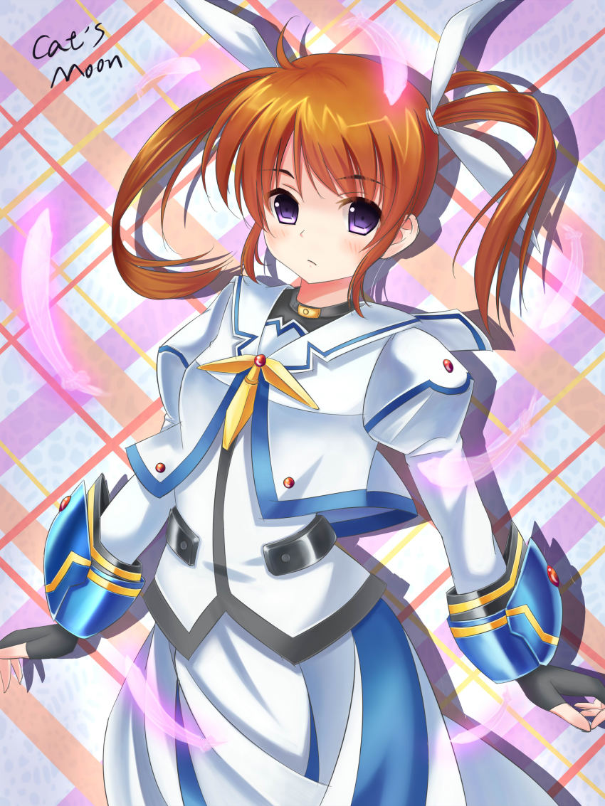10s 1girl absurdres bad_id bad_pixiv_id black_gloves brown_hair catsmoon feathers female_focus fingerless_gloves gloves hair_ribbon highres looking_at_viewer lyrical_nanoha magical_girl mahou_shoujo_lyrical_nanoha mahou_shoujo_lyrical_nanoha_the_movie_1st purple_eyes red_hair ribbon solo takamachi_nanoha takamachi_nanoha_(movie_1st_mode) twintails white_ribbon
