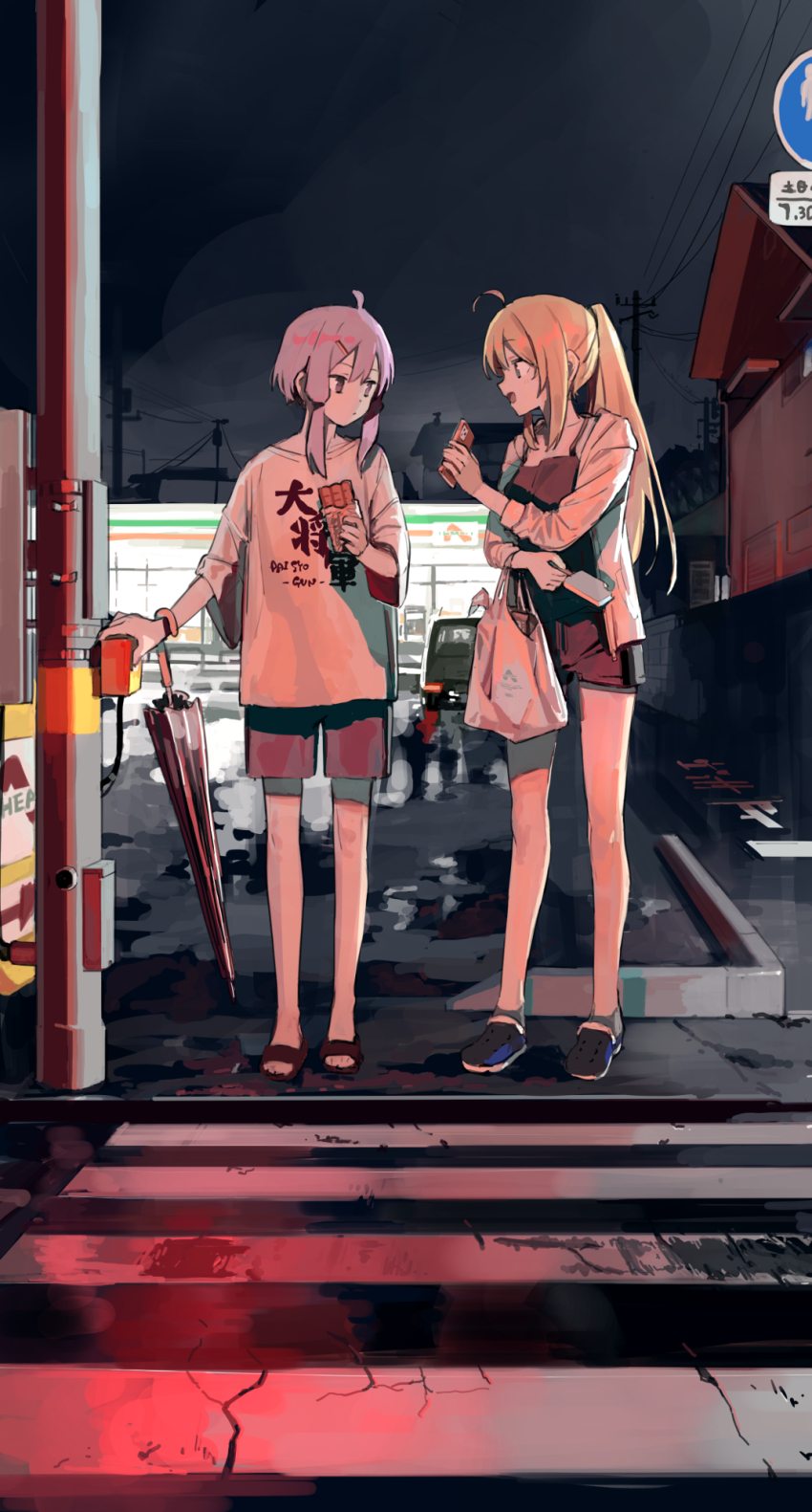 2girls ahoge alternate_costume bag baggy_clothes black_shorts blonde_hair building casual cellphone closed_umbrella convenience_store crosswalk food highres hitogome holding holding_bag holding_food holding_phone holding_popsicle jacket long_hair long_sleeves looking_at_phone multiple_girls night no_socks open_clothes open_jacket outdoors phone plastic_bag ponytail popsicle puddle purple_hair road sandals shirt shoes shop short_hair_with_long_locks short_shorts short_sleeves shorts sidelocks smartphone smile spaghetti_strap standing tank_top tsurumaki_maki umbrella umbrella_on_arm utility_pole vocaloid voiceroid wet_ground white_shirt wide_shot yuzuki_yukari
