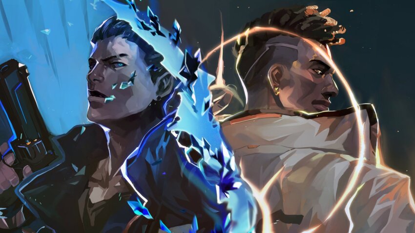 2boys arm_up back-to-back black_hair black_shirt black_trim blue_eyes blue_hair blue_jacket brown_eyes brown_hair closed_mouth collarbone commentary dark-skinned_male dark_skin dreadlocks earrings eyebrow_cut gun hashtag-only_commentary highres holding holding_gun holding_weapon jacket jewelry looking_at_viewer looking_back looking_to_the_side male_focus multicolored_hair multiple_boys nimozie2 open_clothes open_jacket phoenix_(valorant) piercing popped_collar shirt sideways_glance t-shirt undercut valorant weapon white_jacket yoru_(valorant)
