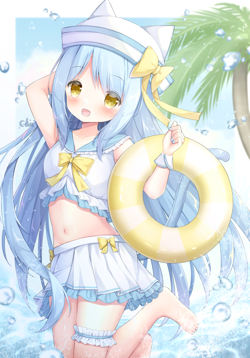 1girl absurdres animal_ears animal_hat arm_behind_head arm_up bad_tag barefoot blue_hair blue_nails blue_sailor_collar blush bow breasts brown_eyes cat_ears cat_tail crop_top fake_animal_ears frilled_thigh_strap hat hat_bow highres holding innertube long_hair nail_polish navel open_mouth original outdoors palm_tree pleated_skirt sailor_collar shirt skirt sleeveless sleeveless_shirt small_breasts smile solo swim_ring tail thigh_strap tree very_long_hair water water_drop white_hat white_shirt white_skirt wrist_cuffs yellow_bow yellow_eyes yuduki_pdx
