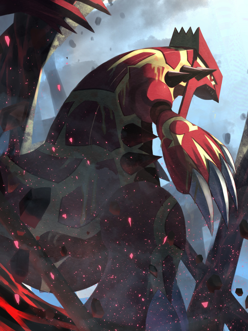 absurdres claws commentary_request day from_below gen_3_pokemon groudon highres legendary_pokemon nintendo no_humans outdoors pokemon pokemon_(creature) primal_groudon red_eyes ririri_(user_rkrv7838) rock solo spikes standing yellow_pupils