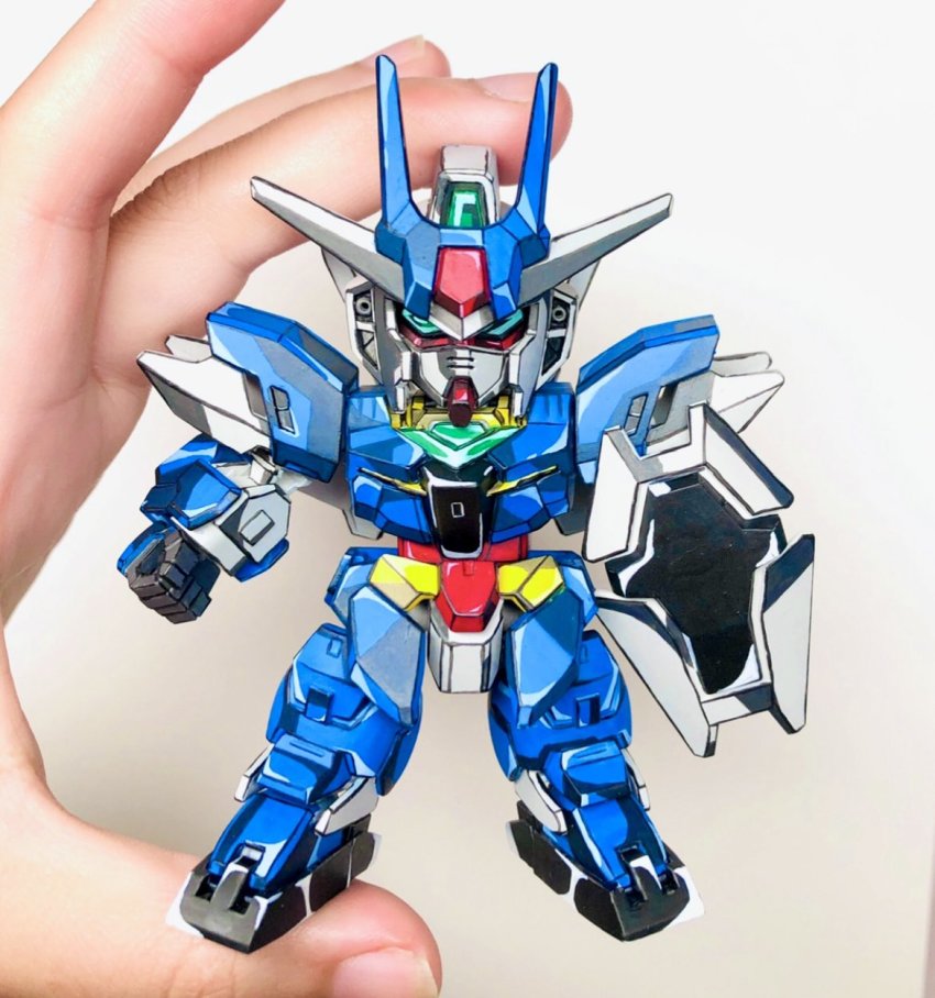 aqua_eyes chibi clenched_hand earthree_gundam gundam gundam_build_divers gundam_build_divers_re:rise gunpla highres holding holding_shield holding_toy looking_at_viewer mecha mobile_suit model_kit model_kit_(medium) photo_(medium) robot senasuke shield solo toy unconventional_media v-fin