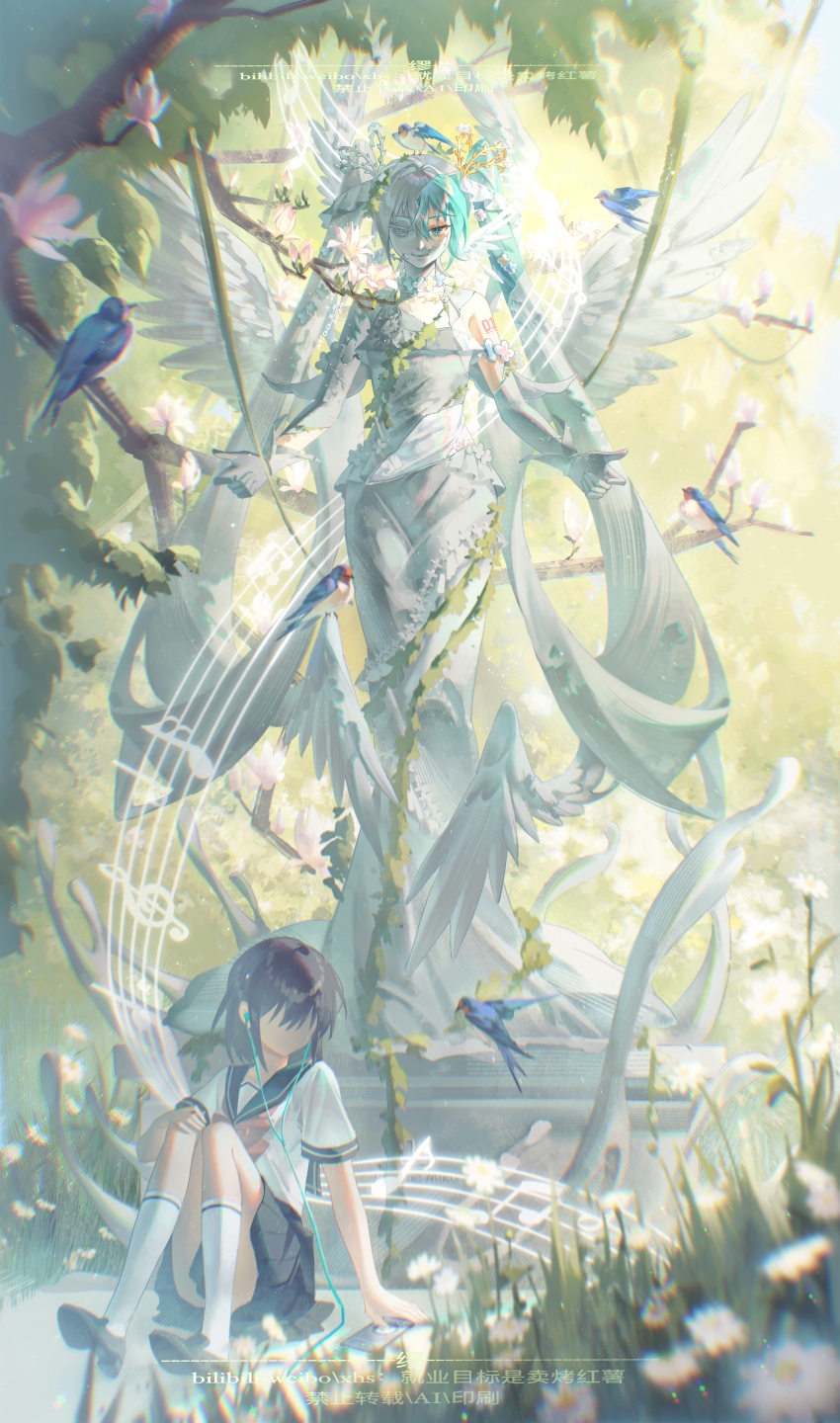 2girls absurdres aqua_eyes aqua_hair arm_tattoo bird blue_bird blue_sailor_collar blurry blurry_foreground dress faceless faceless_female flower full_body hatsune_miku highres jiuye_mubiao_shi_mai_kao_hongshu knees_together_feet_apart long_dress long_hair multiple_girls musical_note pink_flower plant purple_hair sailor_collar school_uniform smile tattoo tree very_long_hair vines vocaloid white_flower white_wings wings
