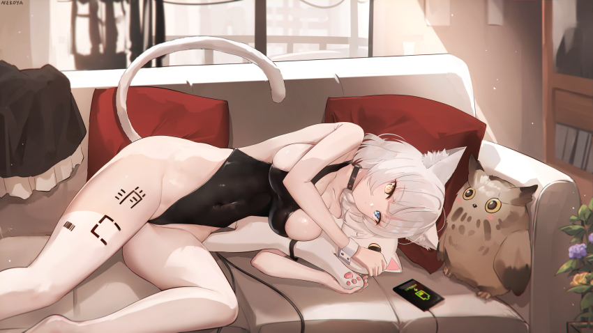 1girl absurdres animal_ear_fluff animal_ears arm_up bare_shoulders black_leotard blue_eyes breasts cat_ears cat_girl cat_tail cellphone charger closed_mouth commentary_request commission couch covered_navel frilled_skirt frills grey_hair hand_up heterochromia highres indoors kittysuit large_breasts leotard lying nekoya_(liu) nontraditional_playboy_bunny on_couch on_side original phone pillow skirt solo stuffed_animal stuffed_bird stuffed_owl stuffed_toy tail unworn_skirt wrist_cuffs yellow_eyes
