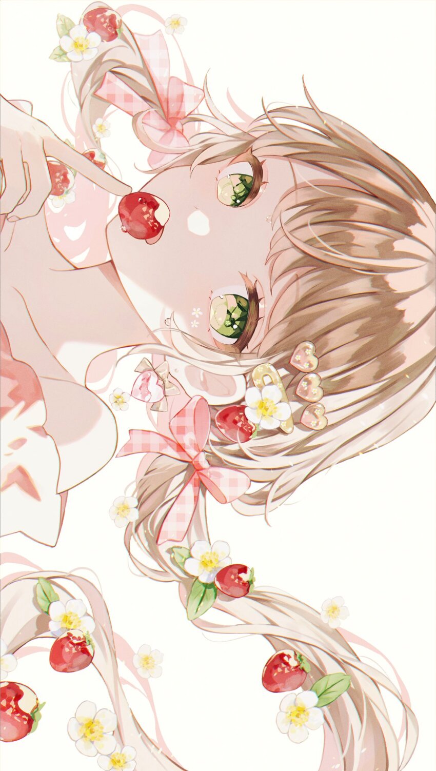 1girl bare_shoulders brown_hair collarbone commentary floating_hair flower food food-themed_hair_ornament fruit green_eyes hair_flower hair_ornament hair_ribbon hairclip highres holding holding_food holding_fruit ilis_0226 long_hair looking_at_viewer low_twintails open_mouth original plaid_ribbon portrait red_ribbon ribbon simple_background solo strawberry strawberry_hair_ornament symbol-only_commentary twintails white_background