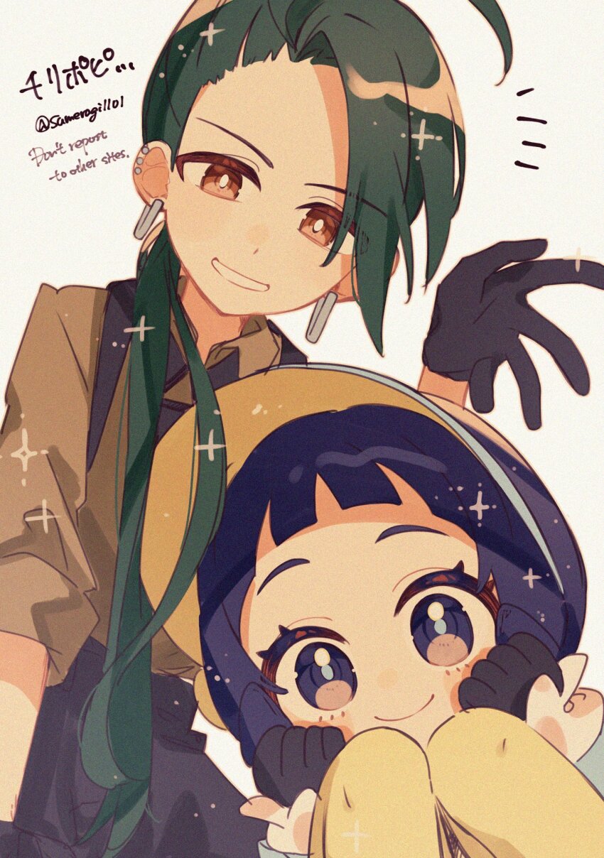 2girls ahoge black_gloves black_hair black_pants bright_pupils brown_eyes closed_mouth collared_shirt commentary creatures_(company) earrings game_freak gloves green_hair grin hand_up hands_up highres jewelry long_hair looking_at_viewer multiple_girls nintendo notice_lines pants pantyhose pokemon pokemon_sv poppy_(pokemon) rika_(pokemon) shirt smile sparkle stud_earrings sumeragi1101 teeth translation_request white_background white_pupils yellow_pantyhose