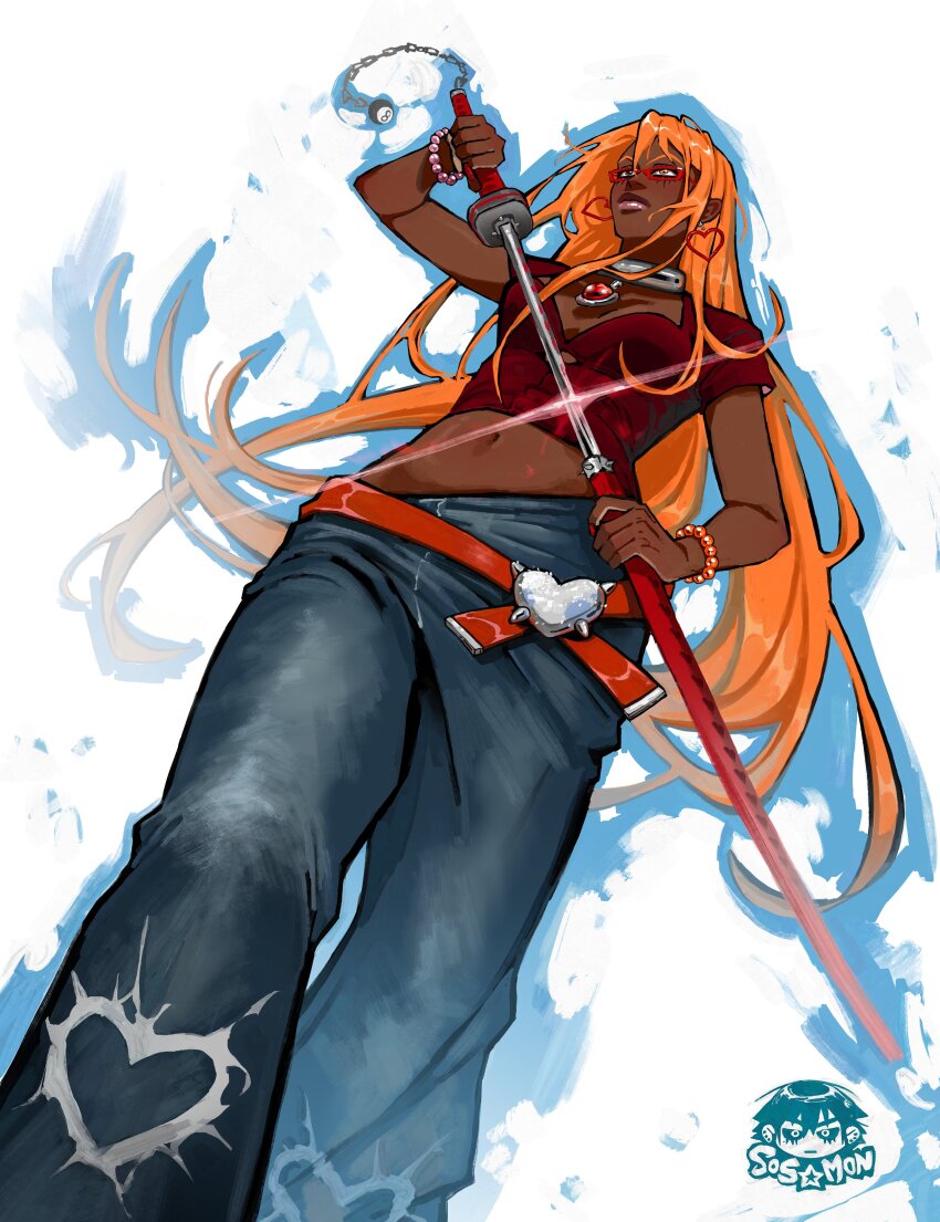 1girl absurdres dark-skinned_female dark_skin highres katana lips pants sosomon sword tagme weapon