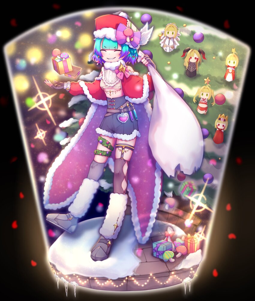 1girl absurdres alternate_costume aqua_hair asymmetrical_legwear belt black_gloves blurry bow breasts cape christmas christmas_ornaments closed_eyes colored_tips commentary_request depth_of_field fate/grand_order fate_(series) fingerless_gloves floating full_body fur-trimmed_cape fur-trimmed_headwear fur-trimmed_shorts fur_trim gift gloves grey_shoes grey_shorts grin hat hat_bow highres holding holding_sack kibinago_(kibinago614) leg_warmers locusta_(fate) looking_at_viewer merry_christmas mismatched_legwear multicolored_hair nero_claudius_(bride)_(fate) nero_claudius_(fate) nero_claudius_(fate/extra) nero_claudius_(swimsuit_caster)_(fate) purple_bow queen_draco_(fate) queen_draco_(third_ascension)_(fate) red_cape red_hat sack sharp_teeth shoes short_hair shorts small_breasts smile solo teeth test_tube underboob white_leg_warmers