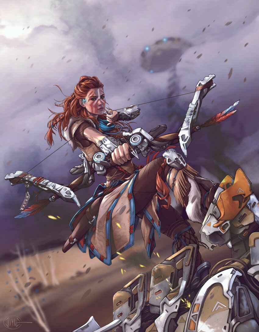 1girl aiming aloy_(horizon) bow_(weapon) braid day facepaint highres holding holding_bow_(weapon) holding_weapon horizon_(video_game) horizon_forbidden_west illyne_cosplay long_hair orange_hair outdoors robot solo tallneck_(horizon) weapon