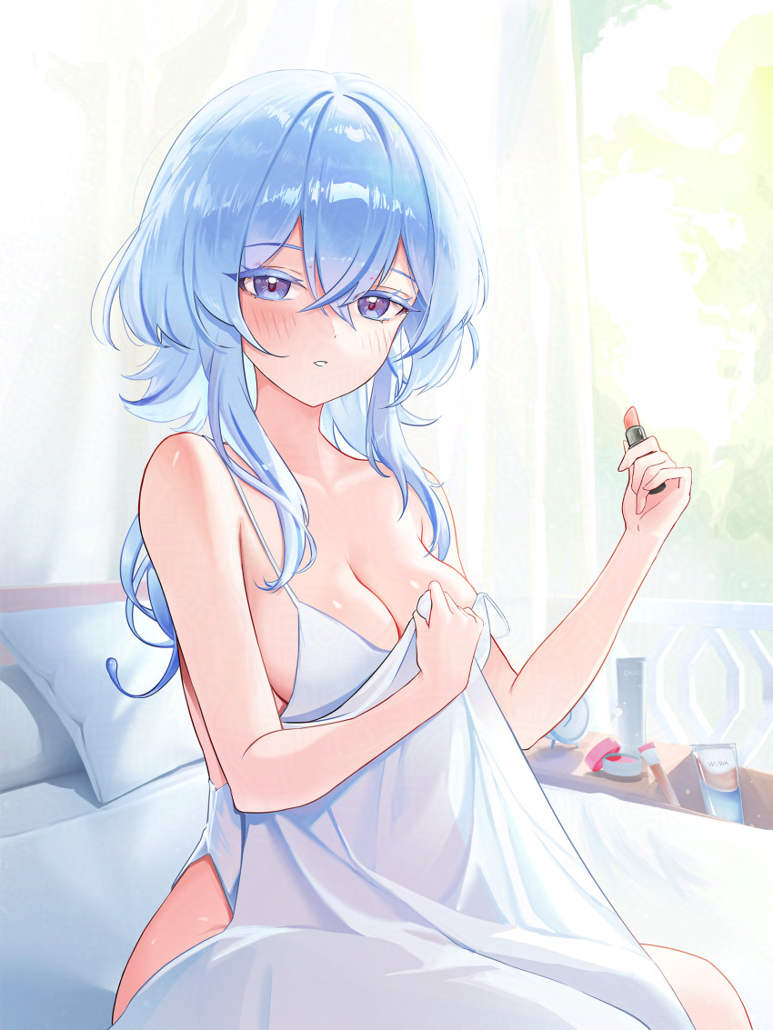 1girl adversarial_noise alternate_costume bare_shoulders blue_hair blush breasts chuvi_y cleavage collarbone colored_eyelashes commentary_request cosmetics hair_between_eyes highres holding holding_lipstick_tube indoors korean_commentary large_breasts lipstick_tube looking_at_viewer on_bed parted_lips purple_eyes shorekeeper_(wuthering_waves) solo strap_slip under_covers wuthering_waves