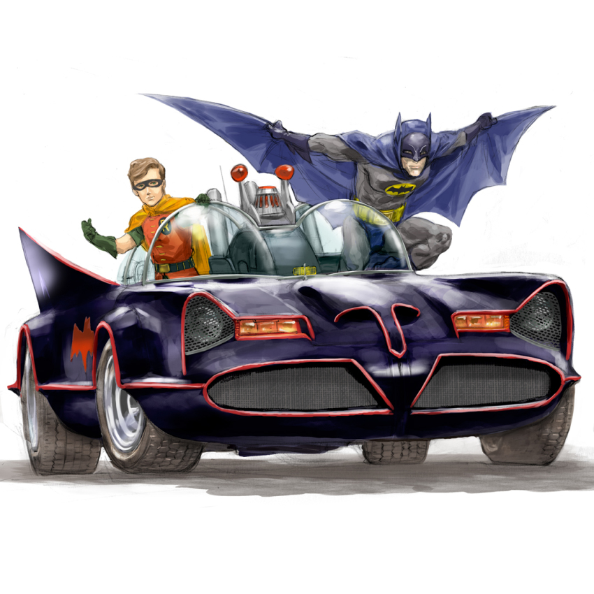 1960s_(style) 2boys bat_wings batman batman_(series) batmobile belt brown_hair cape car commentary_request costume dc_comics igunuk lights logo mask motor_vehicle multiple_boys oldschool realistic retro_artstyle robin_(dc) superhero_costume vehicle_focus western_comics_(style) wings