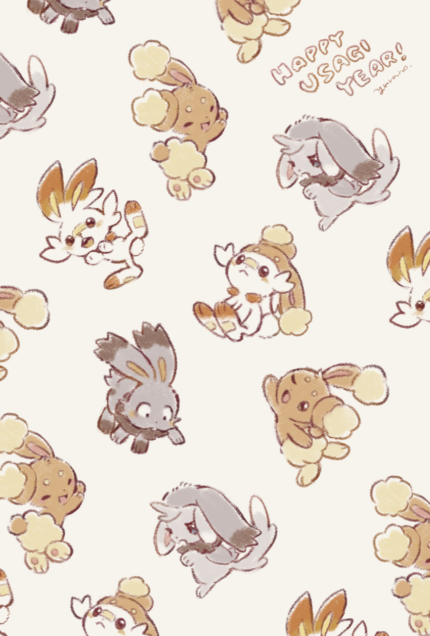 brown_fur buneary buneary_(cosplay) bunnelby bunnelby_(cosplay) cosplay english_text gen_4_pokemon gen_5_pokemon gen_6_pokemon gen_8_pokemon grey_fur highres minccino nintendo no_humans pokemon pokemon_(creature) scorbunny simple_background two-tone_fur white_background yurano_(upao)