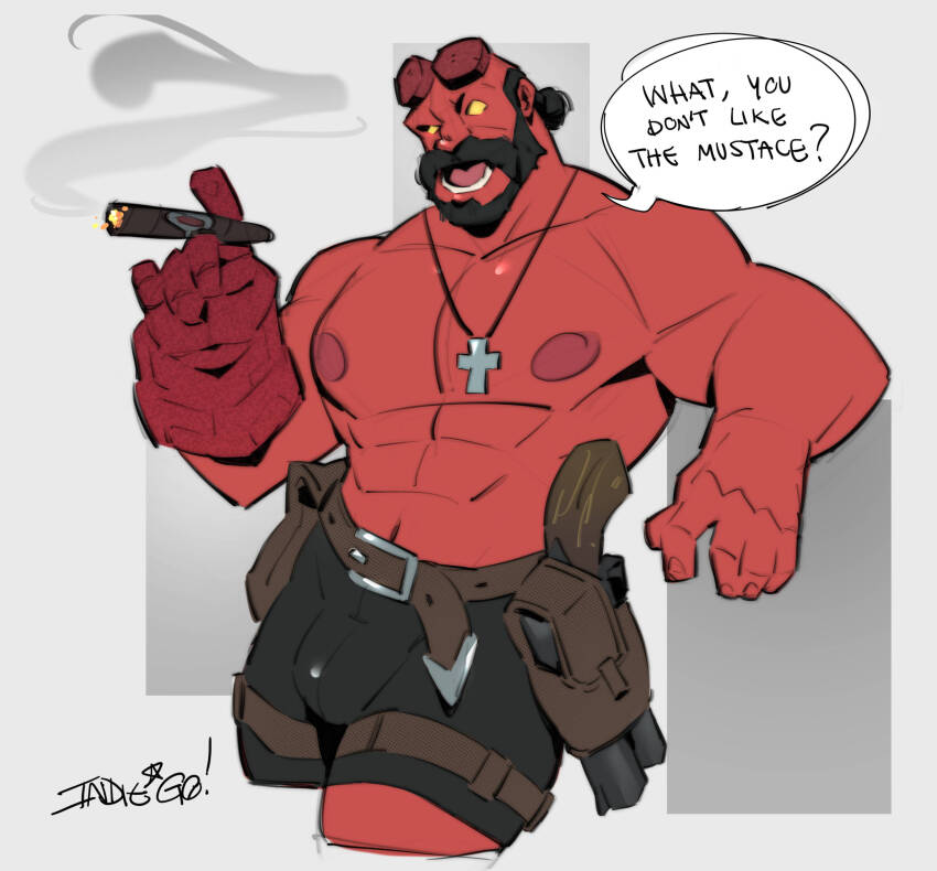 1boy alternate_facial_hair arts_of_indiego balding bara blank_eyes broken_horn bulge colored_skin commentary cropped_legs cross cross_necklace demon_boy english_commentary facial_hair gauntlets gun hellboy hellboy_(comic) highres horns jewelry large_pectorals looking_at_viewer male_focus mature_male monster_boy muscular muscular_male mustache mutton_chops necklace nipples pectorals raised_eyebrows red_skin short_shorts shorts smoking solo standing strongman_waist thick_mustache thick_thighs thighs topless_male weapon
