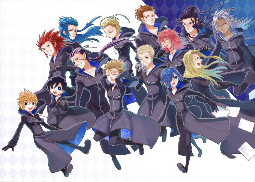 2girls 6+girls akizuno antenna_hair axel bad_id bad_pixiv_id beard black_coat_(kingdom_hearts) black_hair blonde_hair blue_eyes blue_hair boots brown_eyes brown_hair card cloak closed_eyes dark-skinned_female dark_skin demyx disney eyepatch facial_hair facial_mark flower gloves green_eyes grey_hair hair_over_one_eye holding_another&#039;s_wrist kingdom_hearts kingdom_hearts_358/2_days larxene lexaeus long_hair luxord marluxia multiple_girls one_eye_closed organization_xiii papers petals pink_hair pointy_ears ponytail purple_eyes red_hair roxas saix scar short_hair sideburns square_enix vexen wink xaldin xemnas xigbar xion_(kingdom_hearts) yellow_eyes zexion